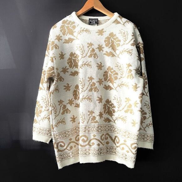 Women's Vintage Southern Lady Christmas Floral Sweater Gold Size Large 259 - Picture 1 of 7